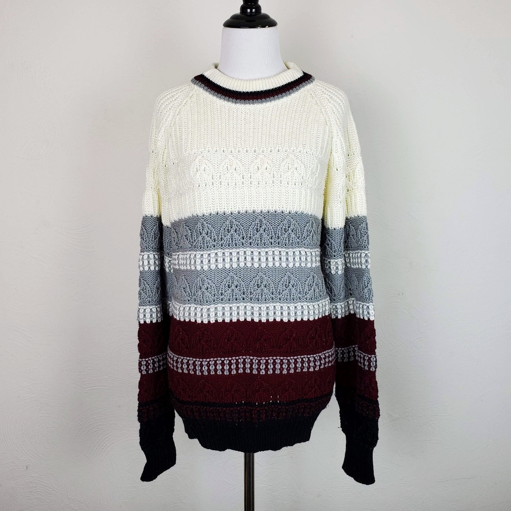Vintage Sweater Sears Kings Road Striped Chunky Cable Knit Grandpa Grandmacore